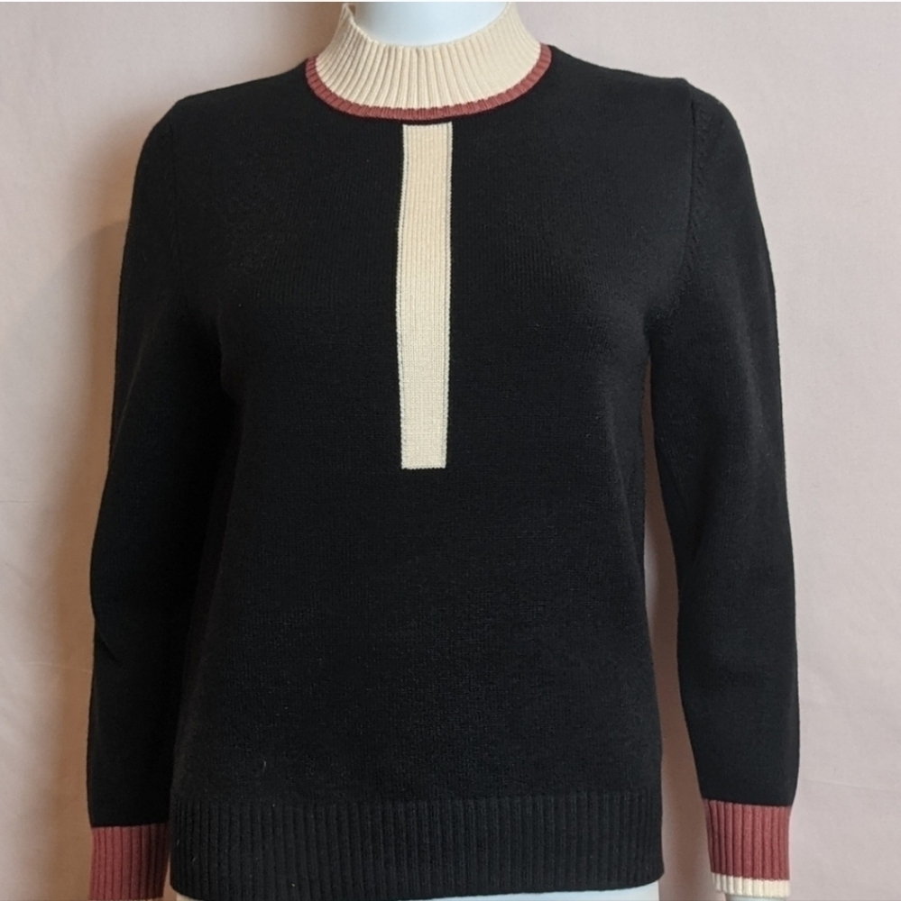 Mock Neck Ribbed Hem Black Sweater with Contrast Cuffs and Neckline size Medium